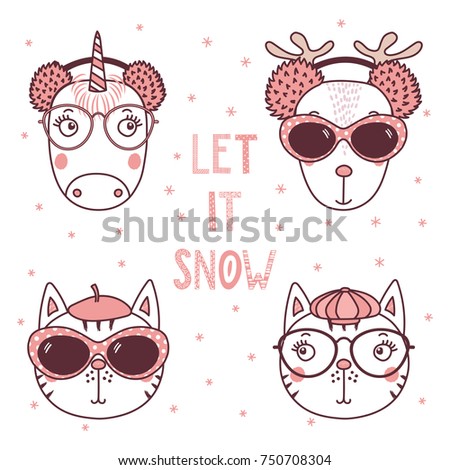 Set of hand drawn cute funny portraits of cats, deer, unicorn, in different hats, earmuffs, glasses, text Let it snow. Isolated objects on white background. Vector illustration. Design concept kids.