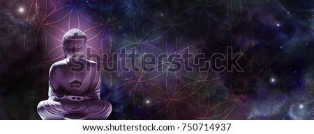 Cosmic Buddha meditating on the Flower of Life - Lotus position buddha on left with a magenta glow against a wide dark starry night background and the Flower of Life symbol
