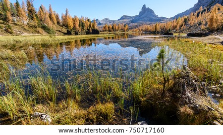Dolomites. Autumn colors and reflections. The mountain dresses in the fall
