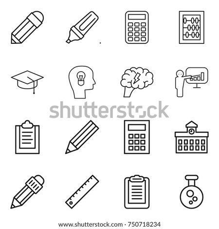 thin line icon set : pencil, marker, calculator, abacus, graduate hat, bulb head, brain, presentation, clipboard, university, ruler, chemical