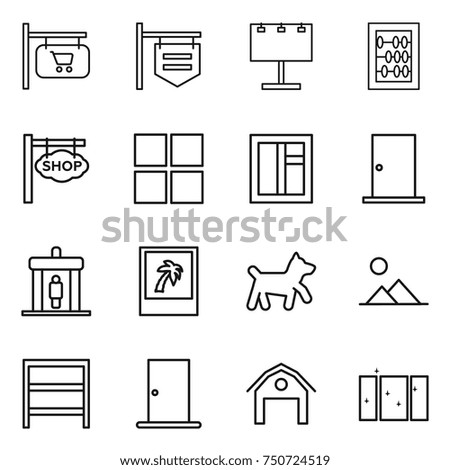 thin line icon set : shop signboard, billboard, abacus, window, door, detector, photo, dog, landscape, rack, barn, clean