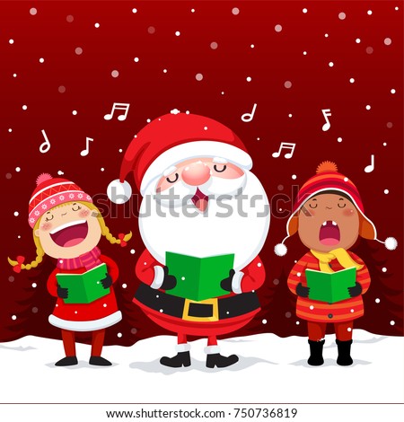 Vector illustration of happy kids with Santa Claus singing Christmas Carols