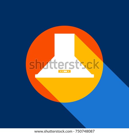 Exhaust hood. Kitchen ventilation sign. Vector. White icon on tangelo circle with infinite shadow of light at cool black background. Selective yellow and bright navy blue are produced.