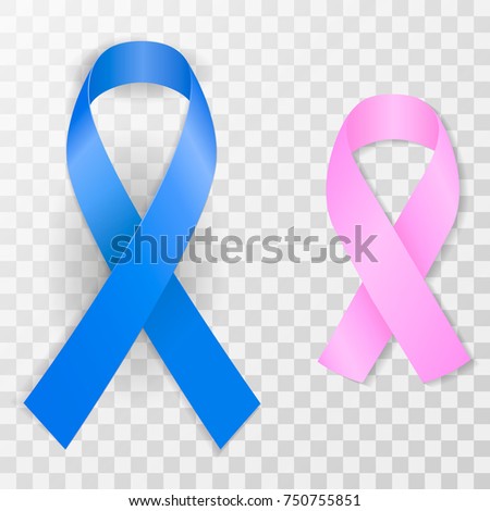 Realistic pink and blue ribbon, breast cancer awareness symbol, vector illustration.
