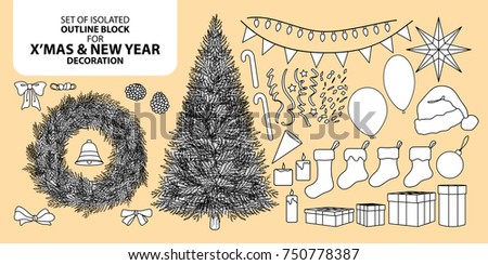 Set of isolated decoration block for Christmas and New year. Vector illustration in black outline and white plane on pastel pink background.