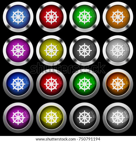 Steering wheel white icons in round glossy buttons with steel frames on black background.
The buttons are in two different styles and eight colors.