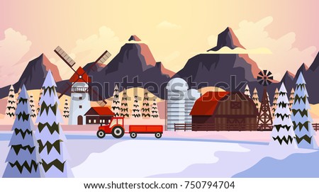 Beautiful Winter Vector Landscape, Countryside in Winter with Wooden Barn. Illustration