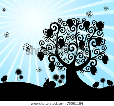 vector illustration of an Easter tree on sunny background
