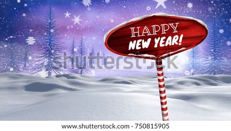 Digital composite of Happy New Year text on Wooden signpost in Christmas Winter landscape