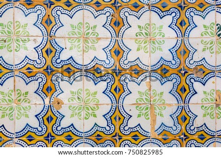 Typical traditional ceramic tiles "azulejos" from the Algarve on the southern coast of Portugal