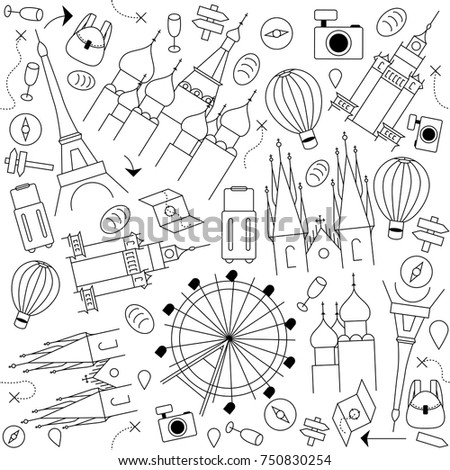 Tourist colorful minimalist pattern with the most popular monuments of Europe, like eiffel tower,moscow kremlin,wheel carousel,prague,warsaw and air balloon,bag,map,compass and arrow symbols.Thin line