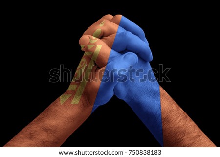Fist painted in colors of Mongolia flag, fist flag, country of Mongolia