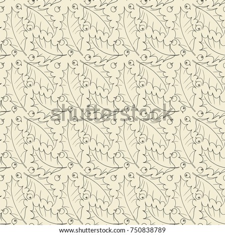 Seamless vector pattern with hand-drawn holly leaves and berries in black lines arranged on a light beige background.