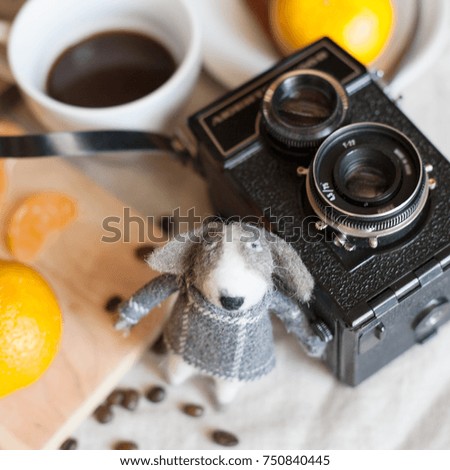 Vintage camera, toy dog made of felt, coffee and tangerines on a wooden table.