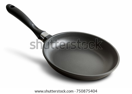black fry pan over white background  Royalty-Free Stock Photo #750875404