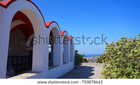 Photo of churches in iconic picturesque castle of Panteli of Leros island with unique views to the island, Dodecanese, Greece           