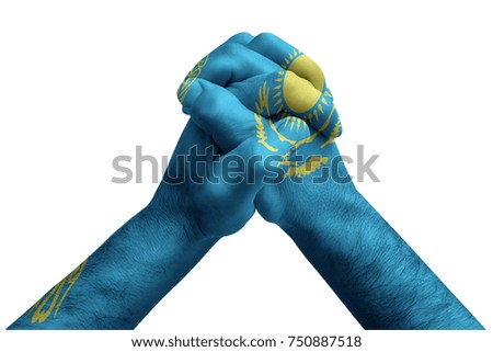 Fist painted in colors of Kazakstan flag, fist flag, country of Kazakstan