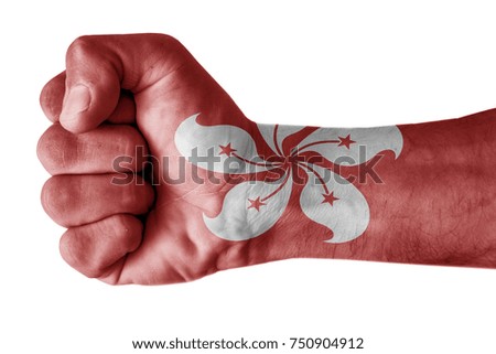 Fist painted in colors of Hong kong flag, fist flag, country of Hong kong