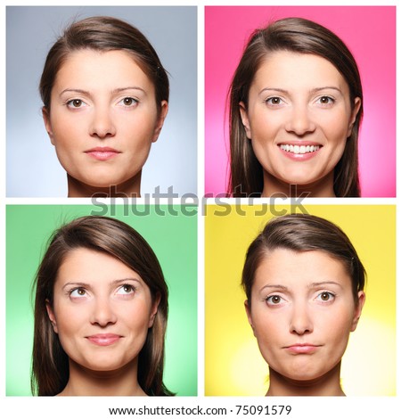 A set of four portraits of a pretty young woman expressing different emotions over colourful backgrounds Royalty-Free Stock Photo #75091579