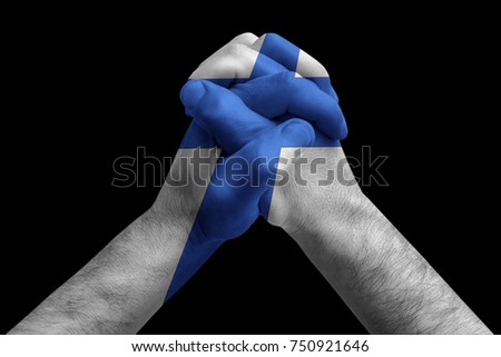 Fist painted in colors of Finland flag, fist flag, country of Finland