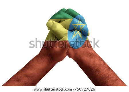 Fist painted in colors of Ethiopia flag, fist flag, country of Ethiopia