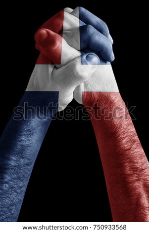 Fist painted in colors of Dominican republic  flag, fist flag, country of Dominican republic 