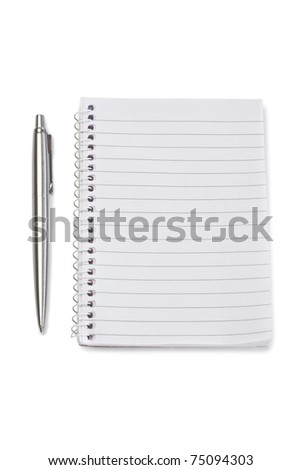 Notebook and silver pen on a white background