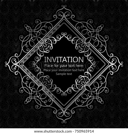 Abstract background with calligraphic luxury silver flourishes and vintage frame, victorian banner,wallpaper ornaments, invitation card, baroque style booklet, fashion pattern, template for design