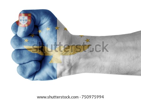 Fist painted in colors of Azores flag, fist flag, country of Azores
