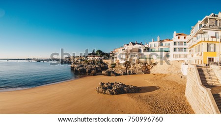 Cascais panorama beach in Cascais Lisbon district, Portugal at sunrise Royalty-Free Stock Photo #750996760