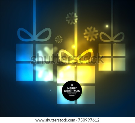 Glowing gift boxes with snowflakes, Christmas and New Year template. Vector illustration, winter holiday Christmas card with light effects