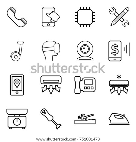 thin line icon set : phone, touch, chip, pencil wrench, segway, virtual mask, web cam, mobile pay, location, air conditioning, intercome, kitchen scales, blender, soil cutter, iron