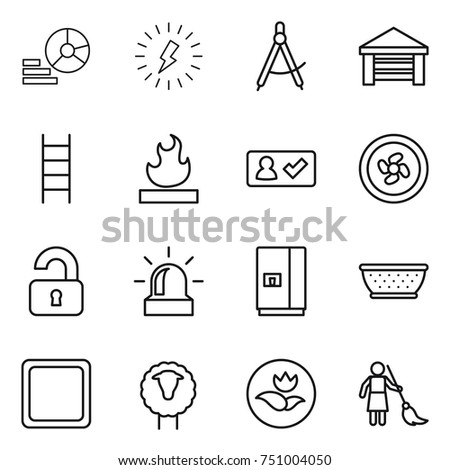 thin line icon set : diagram, lightning, draw compass, garage, stairs, flammable, check in, cooler fan, unlocked, alarm, fridge, colander, cutting board, sheep, ecology, brooming