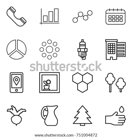 thin line icon set : phone, graph, calendar, diagram, round around, spark plug, houses, mobile location, flower in window, honeycombs, trees, beet, jug, spruce, hand drop