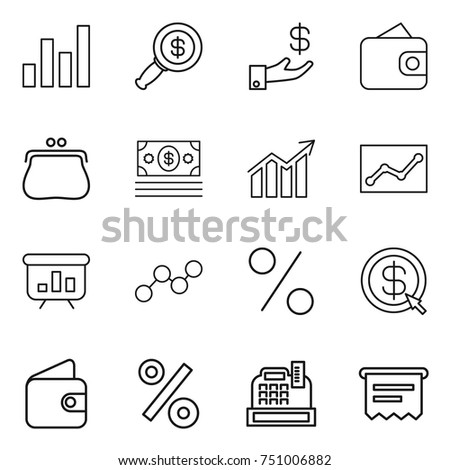 thin line icon set : graph, dollar magnifier, investment, wallet, purse, money, diagram, statistics, presentation, percent, arrow, cashbox, atm receipt