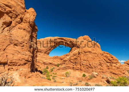 Beautiful scenery in the Arches National Park, Utah, with clear blue sky