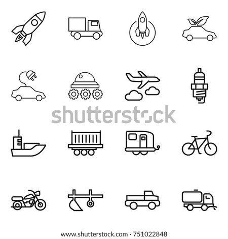 thin line icon set : rocket, truck, eco car, electric, lunar rover, journey, spark plug, sea shipping, trailer, bike, motorcycle, plow, pickup, sweeper