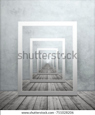 Endless repeating image of picture frame in room with wooden floor and textured wallpaper, droste effect Royalty-Free Stock Photo #751028206