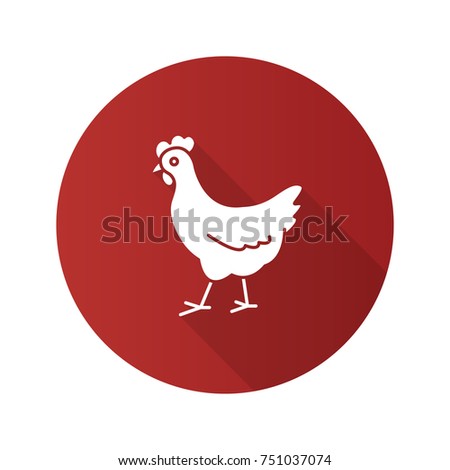 Chicken flat design long shadow glyph icon. Poultry farm. Vector silhouette illustration