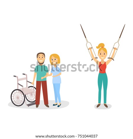 Medical rehabilitation, nurse helping male patient to stand from wheelchair and walk, woman saying farewell to crutches, cartoon vector illustration on white background. Medical rehabilitation concept