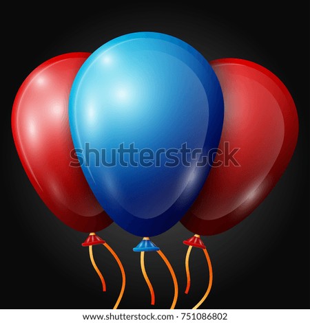 Realistic red, blue balloons with ribbons isolated on black background. Shiny colorful glossy balloons