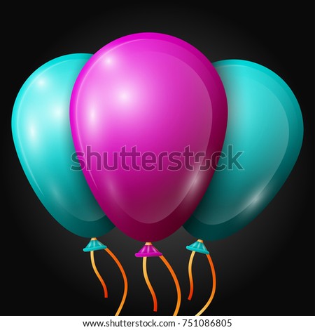 Realistic turquoise, purple balloons with ribbons isolated on black background. Shiny colorful glossy balloons
