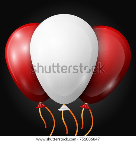 Realistic white, red balloons with ribbons isolated on black background. Shiny colorful glossy balloons