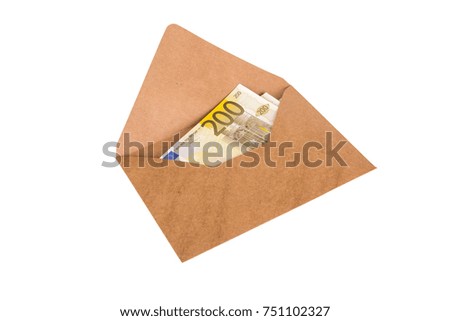 Stack of euro banknotes in envelope, currency money in finance concept, isolated in white background.