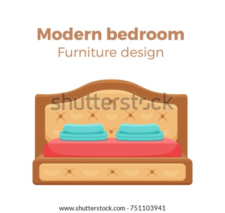 Single colorful bed with pillows and blanket. Vector icon modern bedroom design element. Cartoon style furniture for hotel, homes, shops, advertisement, banners, prospects