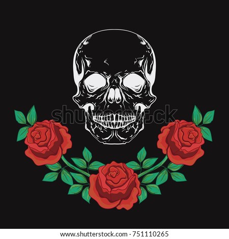 Graphic design with skull and roses vector illustration for t-shirt, fashion clothes, apparel decoration.