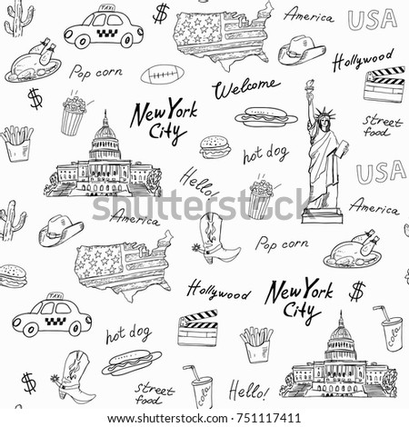 Seamless pattern of America; symbols,landmarks.In black and white,sketch .The Statue of Liberty, potatoes fries, flag, popcorn, hot dog, taxi, cola. Words: America, USA, New york city