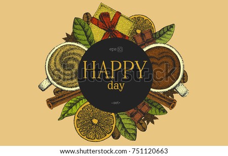 Sketch composition of different food and beverages for happy day in beige colors, collection