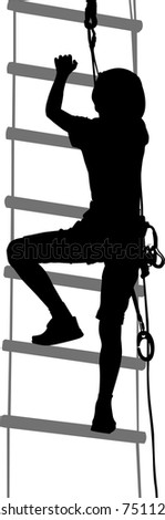 boy in adventure park rope ladder. Silhouette Adventure