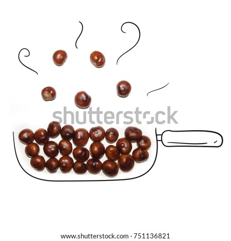 Horse chestnut isolated on white background with cute doodle hand drawn elements. Abstract cartoon tree. Frying pan or saucepan. Top view. Creative modern composition.